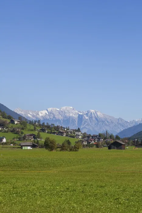 Framed Print : Houses and meadow with a view of the Karwendel North Range Framed Print : Houses and meadow with a view of the Karwendel North Range