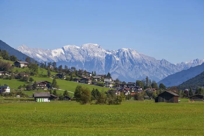 Framed Print : Houses and meadow with a view of the Karwendel North Range