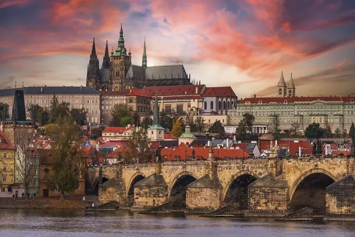Framed Print : Hradcin and Charles Bridge over Vltava river in Prague Framed Print : Hradcin and Charles Bridge over Vltava river in Prague