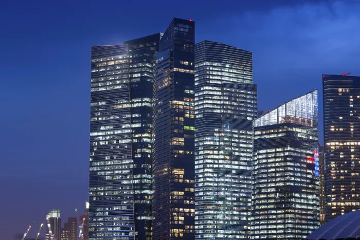 Framed Print : Huge skyscrapers skyline in Singapore downtown by twilight time