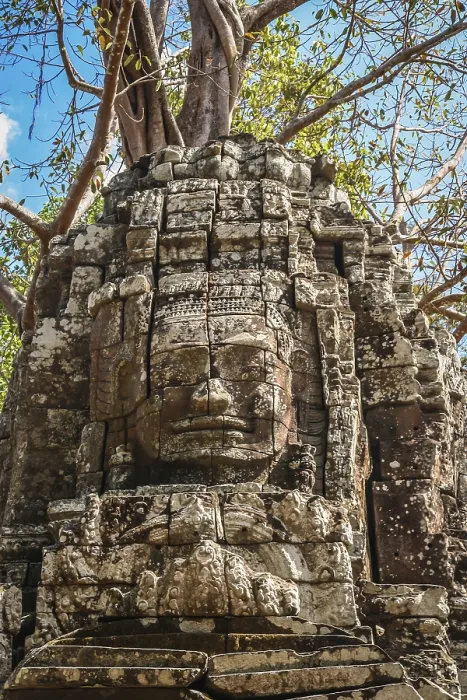 Framed Print : Huge stone face form in the Bayon Temple in the Angkor temple complex near Siem Reap