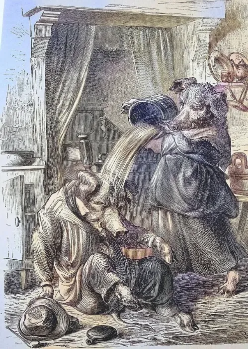 Framed Print : Humour, the drunken husband, Mrs Pig pours a gush of water over the head of the drunken boar Framed Print : Humour, the drunken husband, Mrs Pig pours a gush of water over the head of the drunken boar