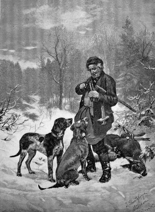 Framed Print : After the hunt in 1880, the hunter rewards the hunting dogs with a piece of sausage