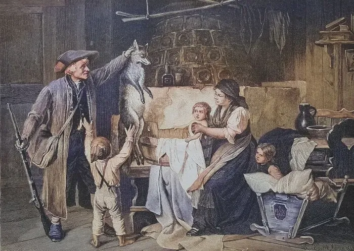 Framed Print : Hunter brings home a shot fox and presents it to his family