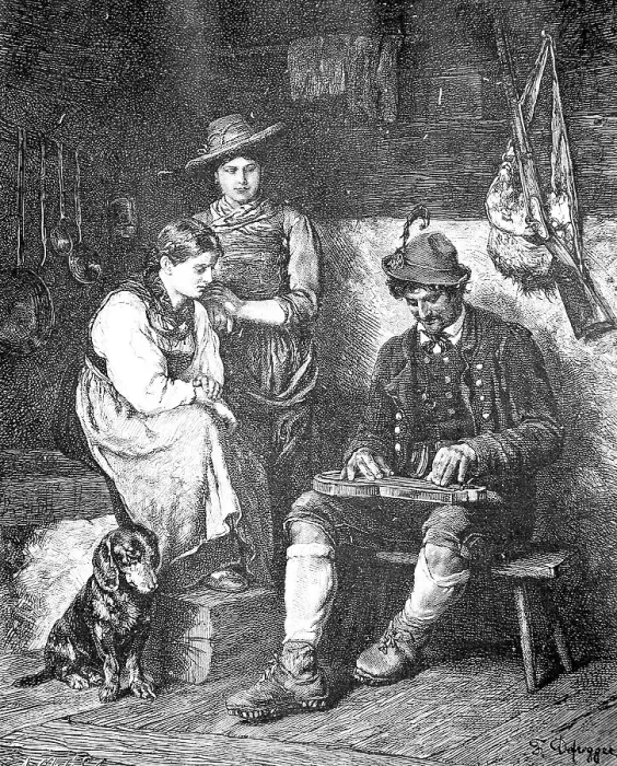 Framed Print : Hunter playing the zither for his wife in an alpine hut
