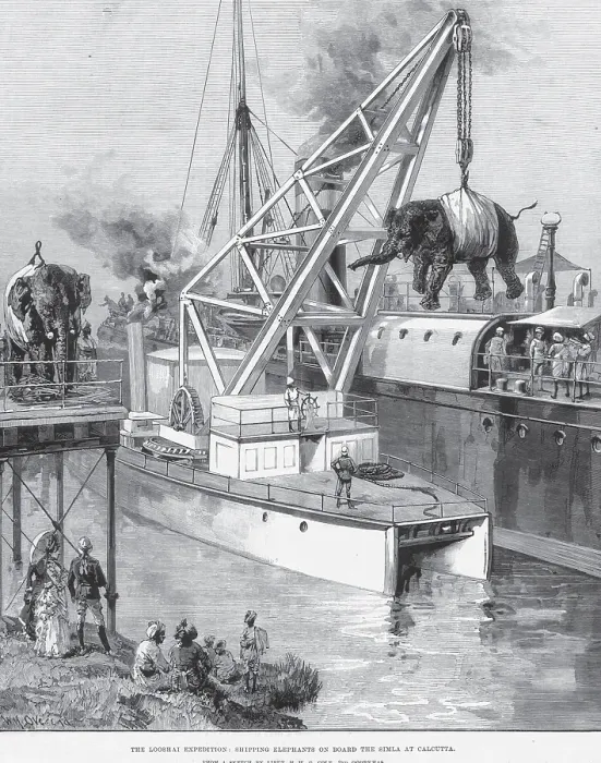 Framed Print : Hunting & animal views, the looshai expedition, shipping elephant son board at Calcutta Kolkata, West Bengal, India, Asia