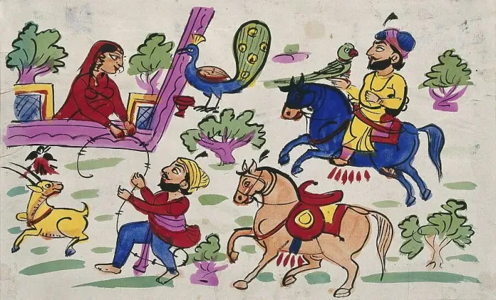 Framed Print : A hunting party meets a woman feeding a peacock
