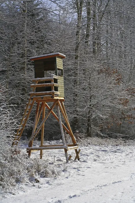 Framed Print : Hunting stand, raised blind, raised hide in winter