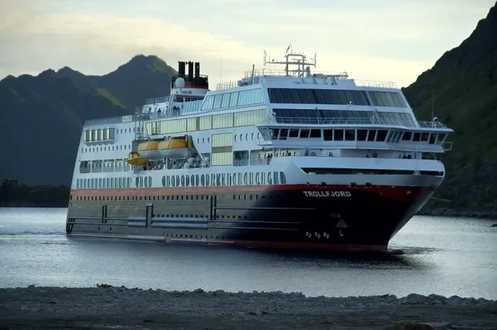 Framed Print : Hurtigruten ferry Trollfjord in the port of Stamsund Lofoten Norway