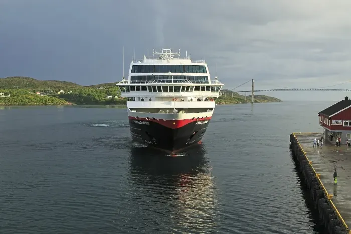 Framed Print : Hurtigruten ship Trollfjord arriving at port of Rorvik