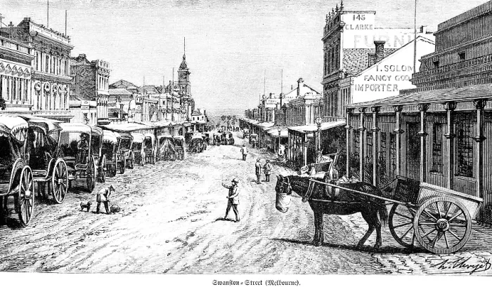Framed Print : Hustle and bustle in Swanston Street in Melbourne city centre, 19th century, dirt road, hackney carriages, church, travel, Australia, historical illustration 1888, Oceania