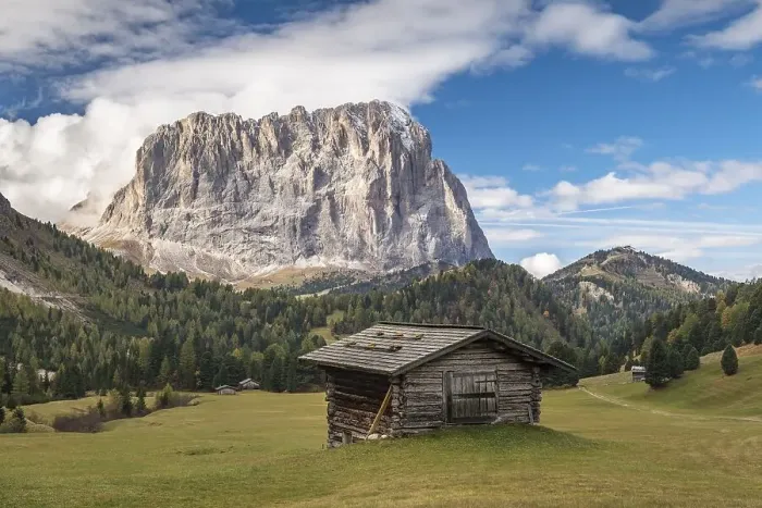 Framed Print : Hut at Groedner Joch, Langkofel at the back