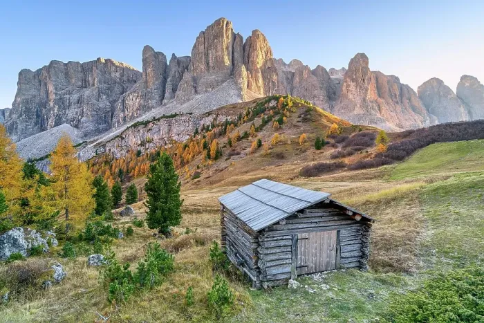 Framed Print : Hut in front of Sella Group, Gardena Pass, Passo Gardena, autumn, Sella Group, Dolomites, Bolzano, South Tyrol Framed Print : Hut in front of Sella Group, Gardena Pass, Passo Gardena, autumn, Sella Group, Dolomites, Bolzano, South Tyrol
