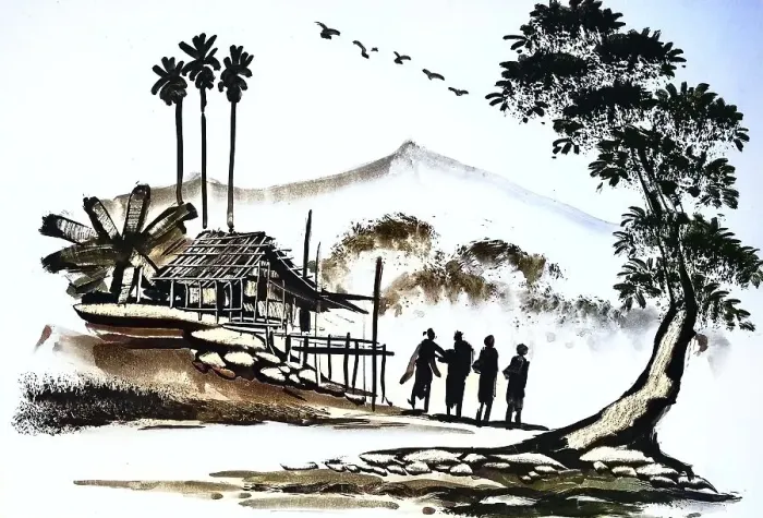 Framed Print : Hut, Tree, Four People, Historical Landscape in Southeast Asia