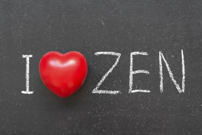 Framed Print : I love Zen phrase handwritten on chalkboard with heart symbol instead of O