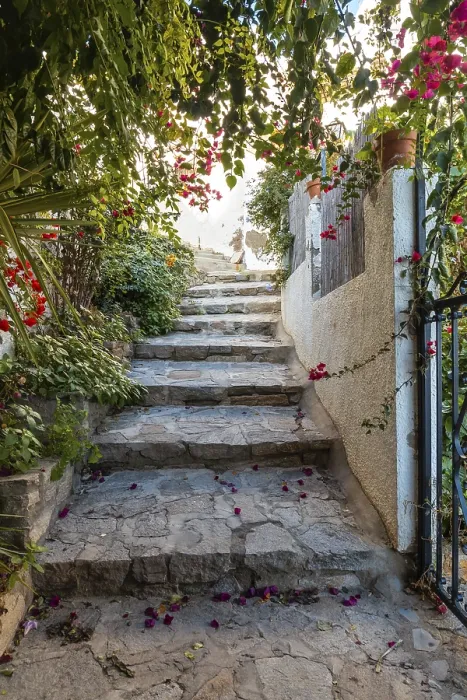 Framed Print : I walk between houses in Mojacar with white houses on top of the mountain