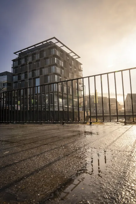 Framed Print : Ibis Styles Hotel, Modern architecture with reflection in a puddle