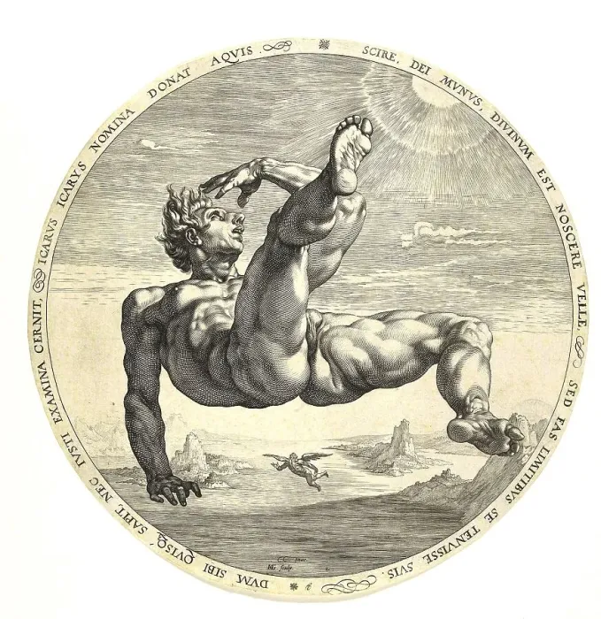 Framed Print : Icarus or Ikaros falls from the sky after his flight experiment fails