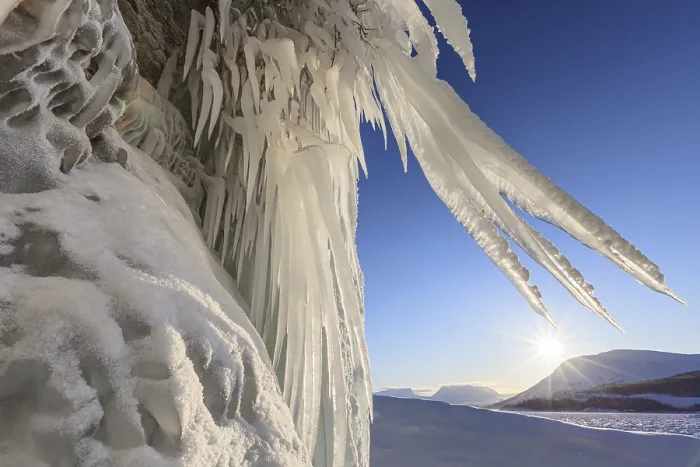 Framed Print : Ice formations, icicles, frozen lake