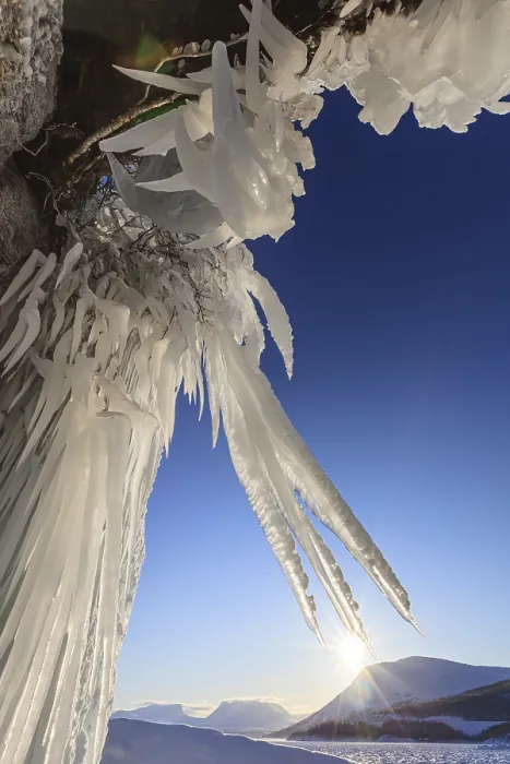 Framed Print : Ice formations, icicles, frozen lake