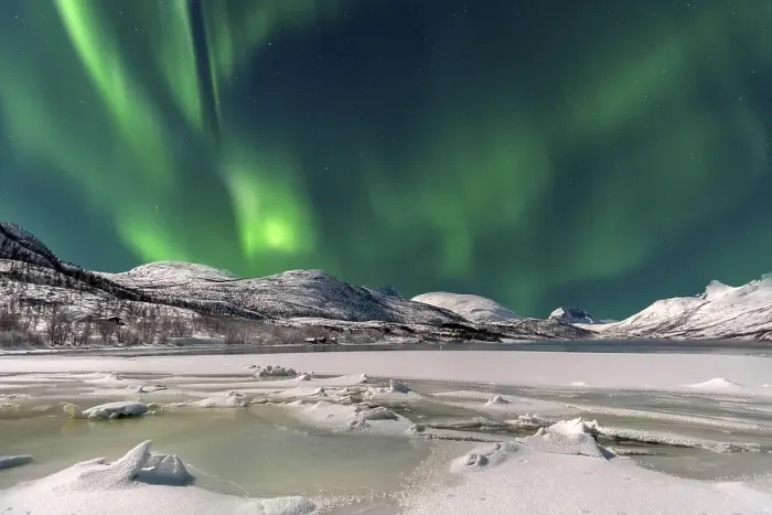 Framed Print : Ice landscape with northern lights