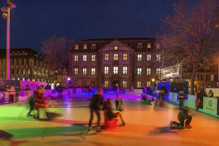 Framed Print : Ice skating rink in colourful evening lighting
