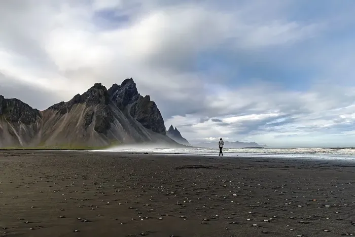 Framed Print : Iceland, Vestrahorn, woman walking on the beach Framed Print : Iceland, Vestrahorn, woman walking on the beach