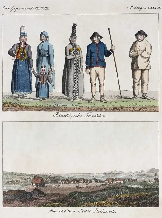 Framed Print : Icelandic costumes and view of Reykjavik