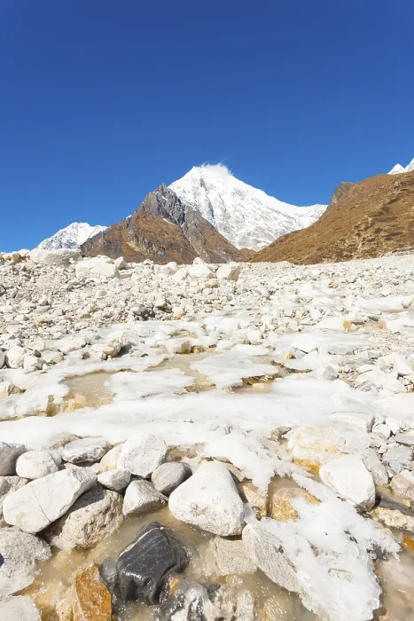 Framed Print : Icy alpine river running through white rocky terrain landscape at high elevation alpine tundra with Langtang Lirung Framed Print : Icy alpine river running through white rocky terrain landscape at high elevation alpine tundra with Langtang Lirung