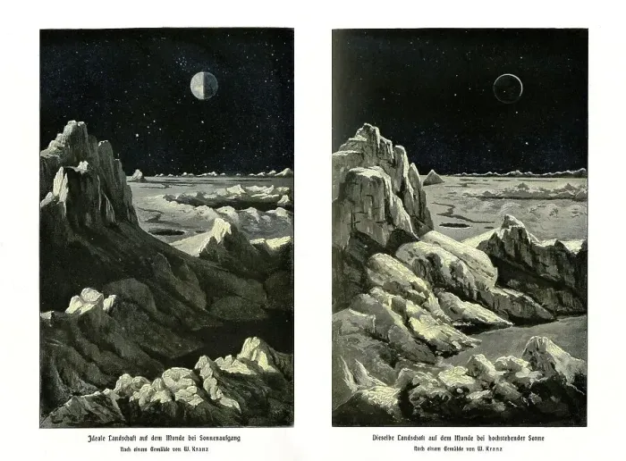 Framed Print : Ideal landscape on the moon at sunrise (left) and with the sun high