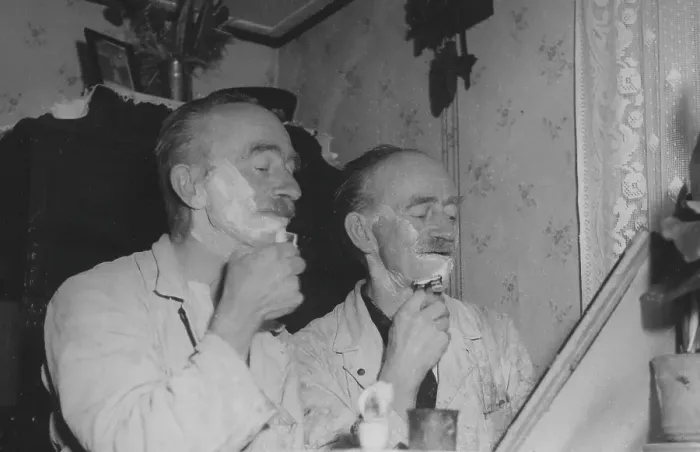 Framed Print : Identical twins. The brothers Erik and Otto Nilsson from Malmoe. They both work as painters and are doing their morning shave before going to work. Sweden 1950s Framed Print : Identical twins. The brothers Erik and Otto Nilsson from Malmoe. They both work as painters and are doing their morning shave before going to work. Sweden 1950s