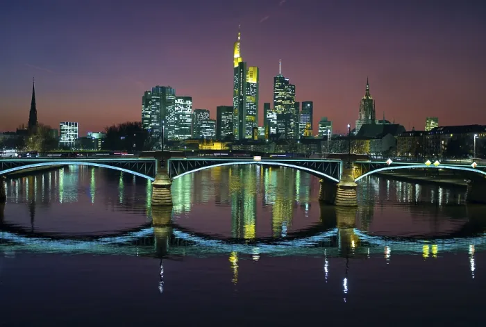 Framed Print : Ignatz Bubis Bridge and the Frankfurt skyline