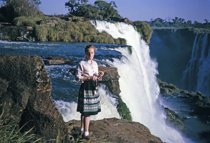 Framed Print : Iguazu Falls on the Iguazu River on the border between Brazil and Argentina, South America in 1962 Tourists standing Framed Print : Iguazu Falls on the Iguazu River on the border between Brazil and Argentina, South America in 1962 Tourists standing