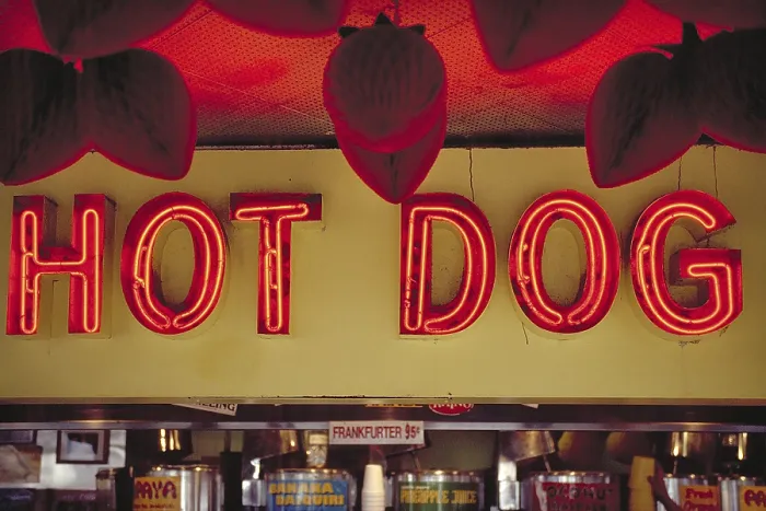 Framed Print : Illuminated advertising at a hot dog stand Framed Print : Illuminated advertising at a hot dog stand