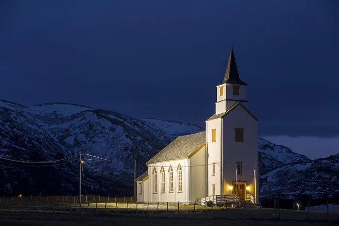 Framed Print : Illuminated church during blue hour Framed Print : Illuminated church during blue hour