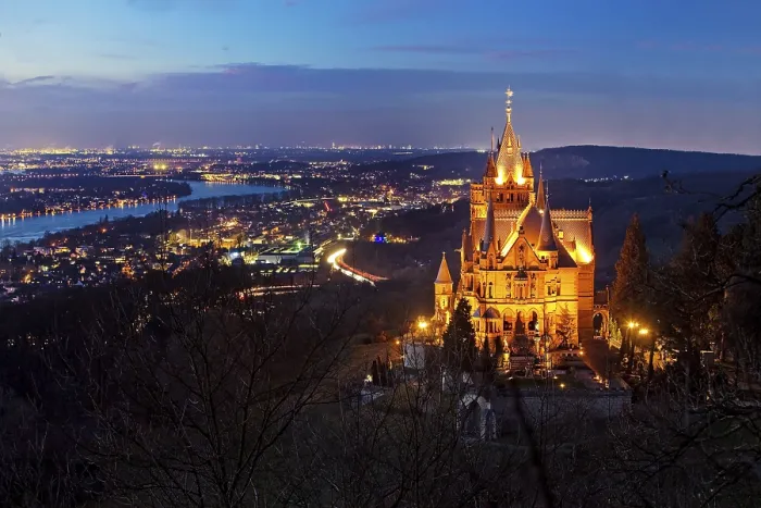 Framed Print : Illuminated Drachenburg Castle above the Rhine Valley in the evening