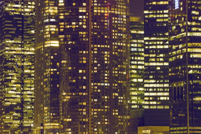 Framed Print : Illuminated windows of huge skyscrapers in night Singapore