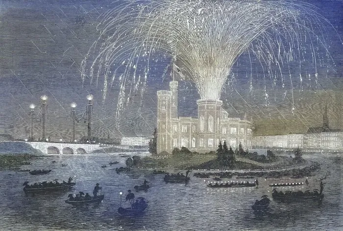 Framed Print : Illumination and fireworks in Hamburg on the Alster in honour of the King of Prussia