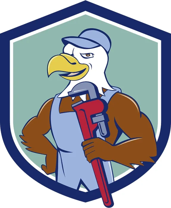 Framed Print : Illustration of an american bald eagle plumber wearing hat holding monkey wrench looking to the side set inside shield