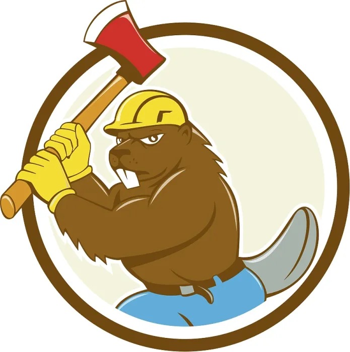Framed Print : Illustration of a beaver lumberjack wearing hard hat wielding an ax set inside circle on isolated background done