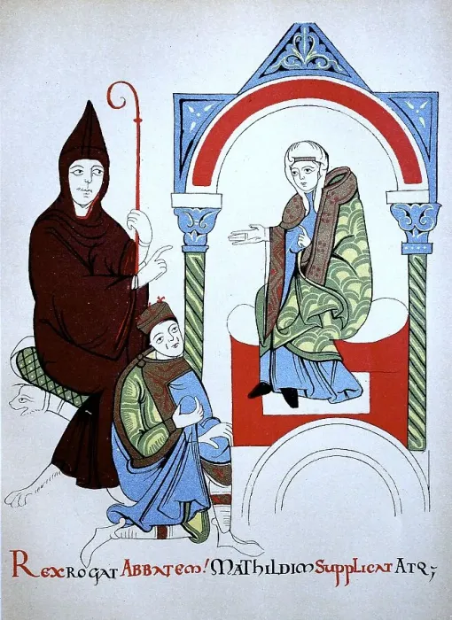 Framed Print : Illustration, Emperor Henry IV kneels in front of the Margravine Mathilde at Canossa