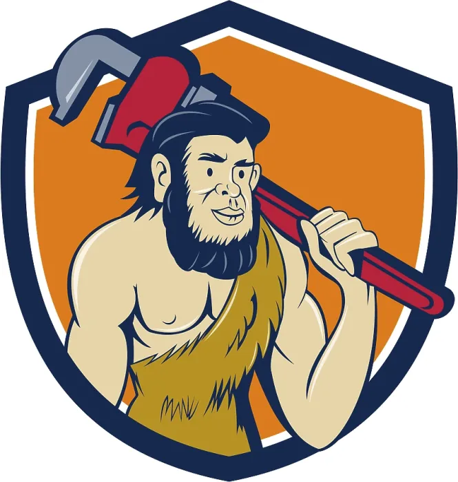 Framed Print : Illustration of a neanderthal man or caveman plumber holding monkey wrench on shoulder set inside shield crest Framed Print : Illustration of a neanderthal man or caveman plumber holding monkey wrench on shoulder set inside shield crest