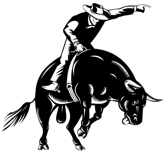 Framed Print : Illustration of rodeo cowboy riding bucking bull on isolated white background