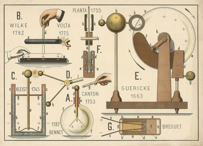 Framed Print : Illustration shows various historical electrostatic generators and devices for generating Framed Print : Illustration shows various historical electrostatic generators and devices for generating