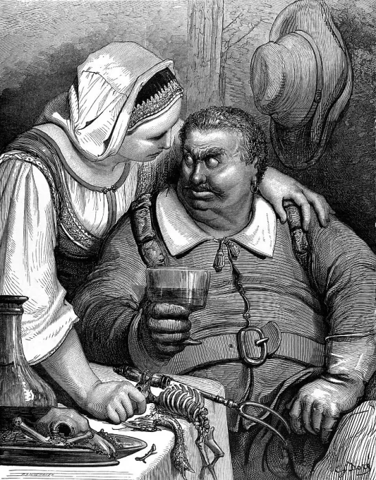 Framed Print : Illustration from Tom Thumb, wife hugging man