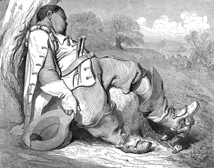 Framed Print : Illustration from Tom Thumb, a young boy pulling off the boots of a dormant monster