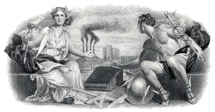 Framed Print : Detail of the illustration in the vignette of a historical stock certificate Framed Print : Detail of the illustration in the vignette of a historical stock certificate