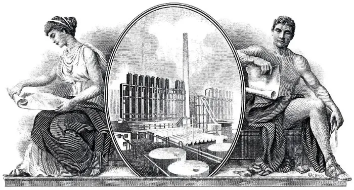 Framed Print : Detail of the illustration in the vignette of a historical stock certificate of an oil and gas company