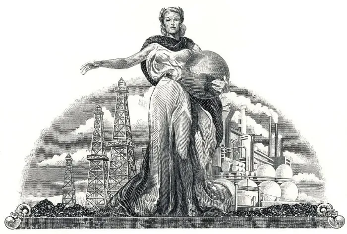 Framed Print : Detail of the illustration in the vignette of a historical stock certificate of an oil and gas company Framed Print : Detail of the illustration in the vignette of a historical stock certificate of an oil and gas company