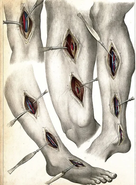 Framed Print : Four illustrations showing cuts in the leg and foot Framed Print : Four illustrations showing cuts in the leg and foot